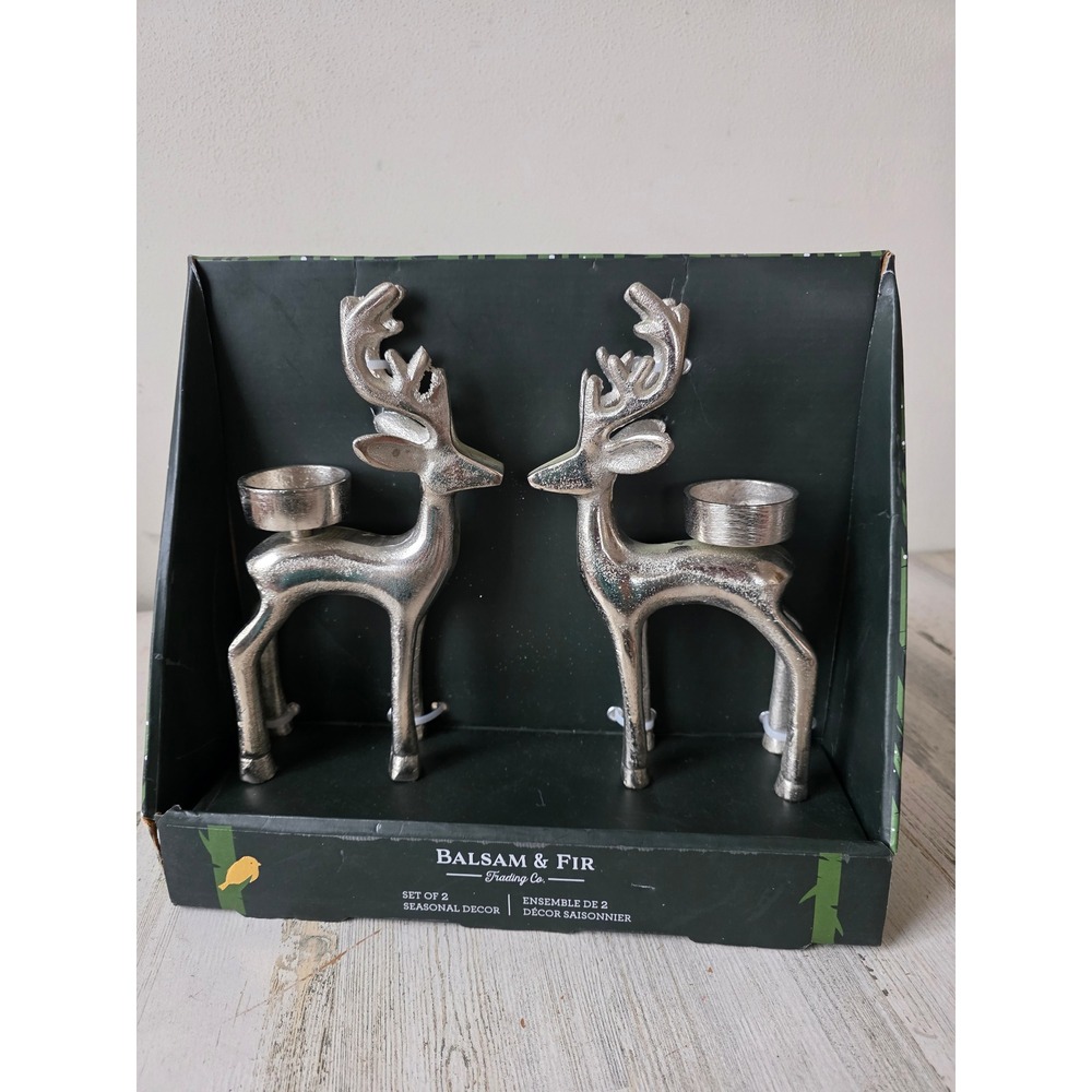 Balsam &‎ fir metal silver reindeer candle holder vote of Xmas deer set new